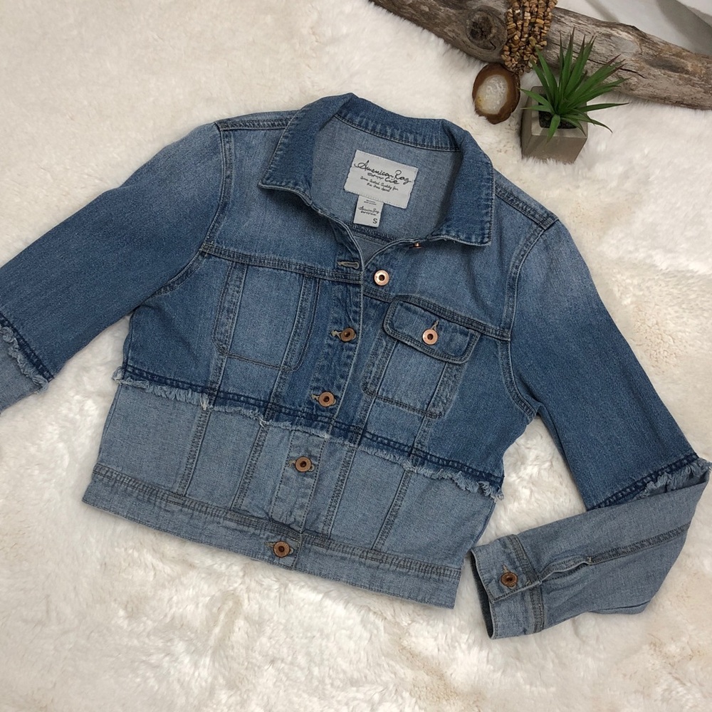 American Rag Colorblock Denim Jean Jacket with Raw Fringe hem